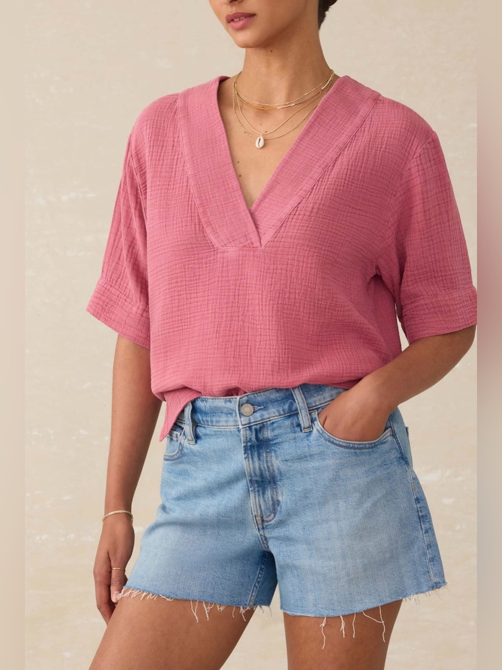 NWT. Faherty. Dune Cotton Gauze Short Sleeve Popover. Heather Rose. Size XS.